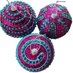 Lot of 3 Styrofoam Ball-Shaped Ornaments Teal Blue and Pink Sequins & Beads 4"